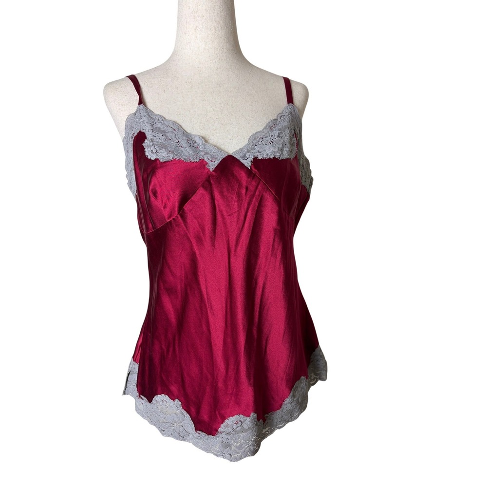 Express Design Studio Silk Lace Camisole Burgundy Red Grey Trim Top Large